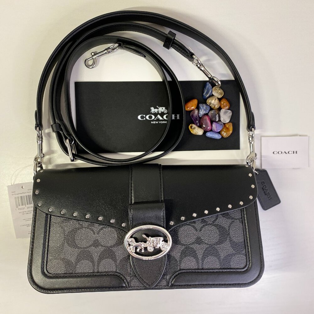 NWT COACH George Shoulder Bag C Signature Rivets Black Leather: Snap Purse #5605